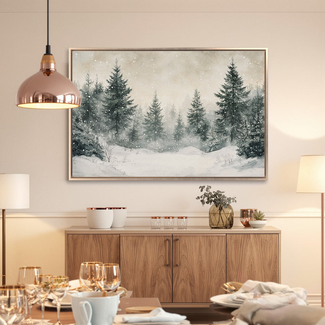 Framed Wall Art: Winter forest scene in watercolor style. Neutral color palette with green, gray, and white. Perfect for cozy interiors.