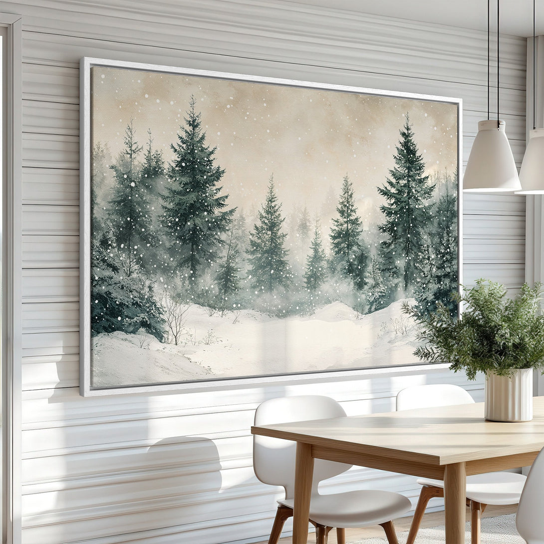 Framed Wall Art: Winter forest scene in muted green and beige tones. Watercolor style Canvas Print adds serene beauty to any room. Shop now!