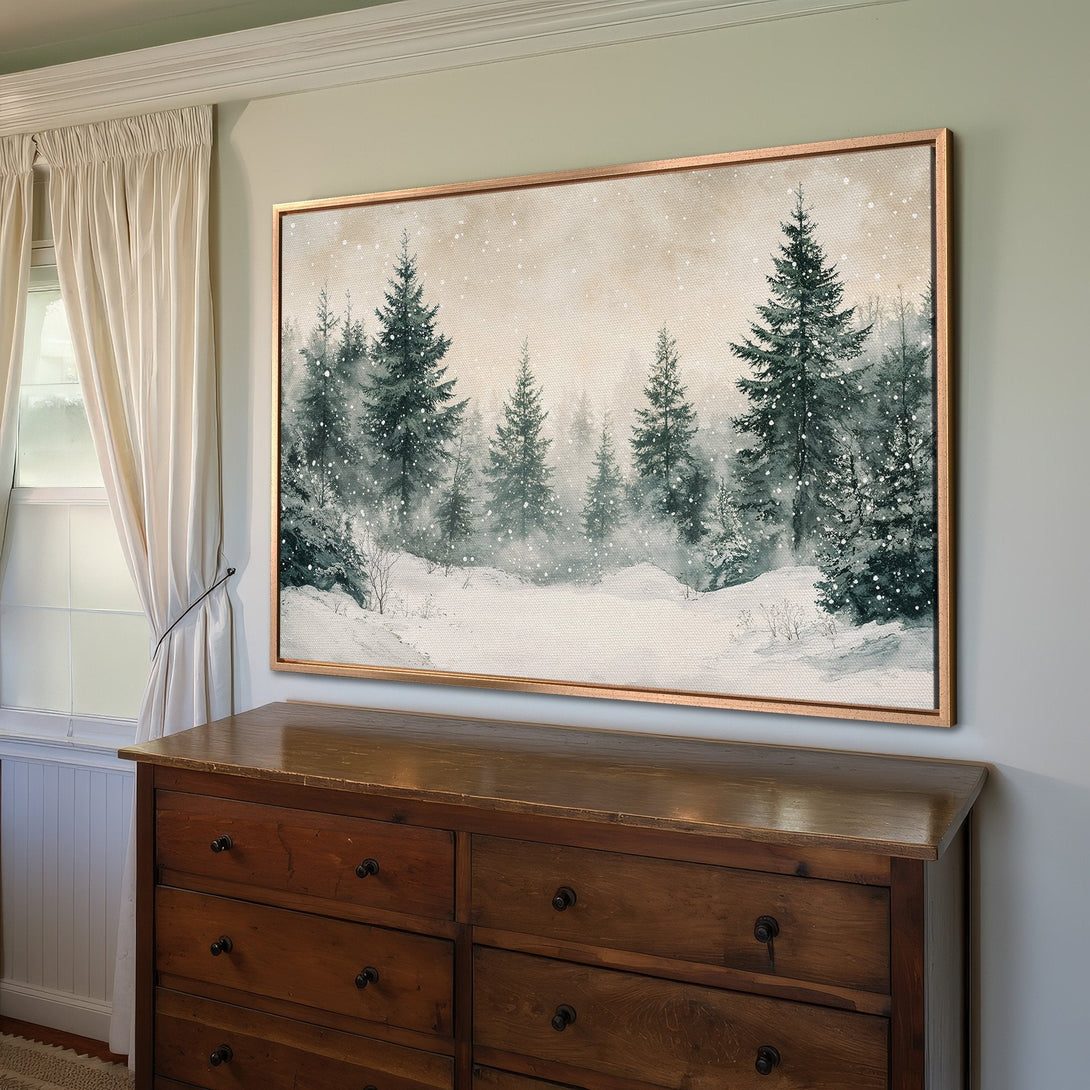 Framed Wall Art: Serene winter forest scene in watercolor style. Featuring evergreen trees and snow, with a muted green and beige color palette. Perfect for cozy decor.