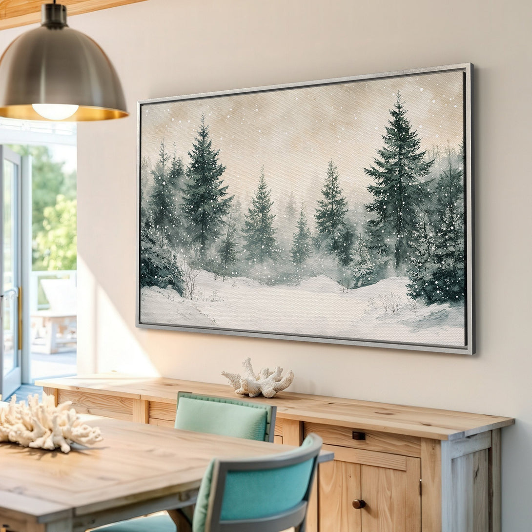 Framed Wall Art of a winter forest scene in a muted green and beige palette. Perfect for adding a touch of nature's beauty to your home.