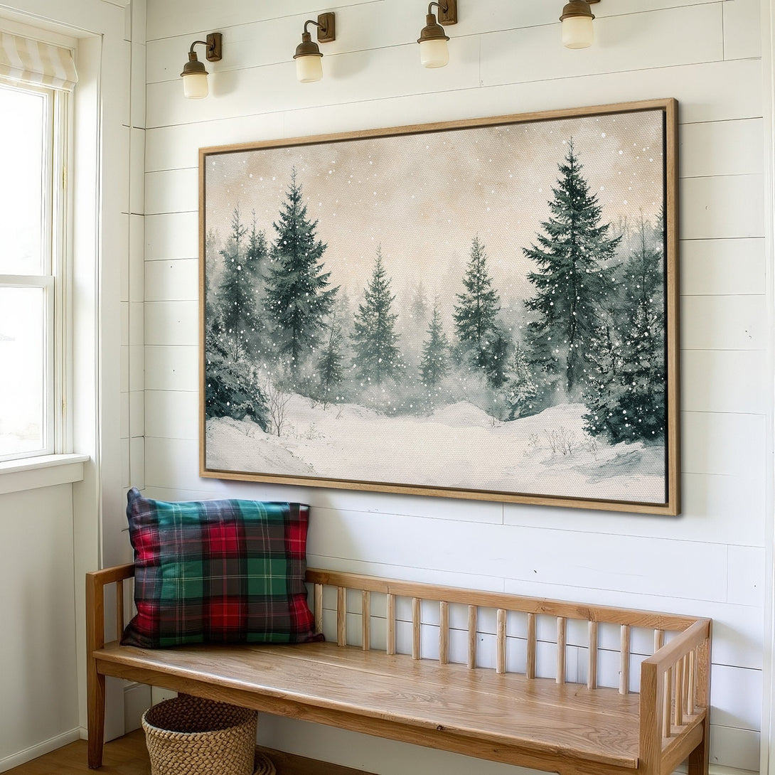 Framed Wall Art: Watercolor winter forest scene in muted greens & beige. Rustic style canvas print adds cozy charm to any interior. Shop now!