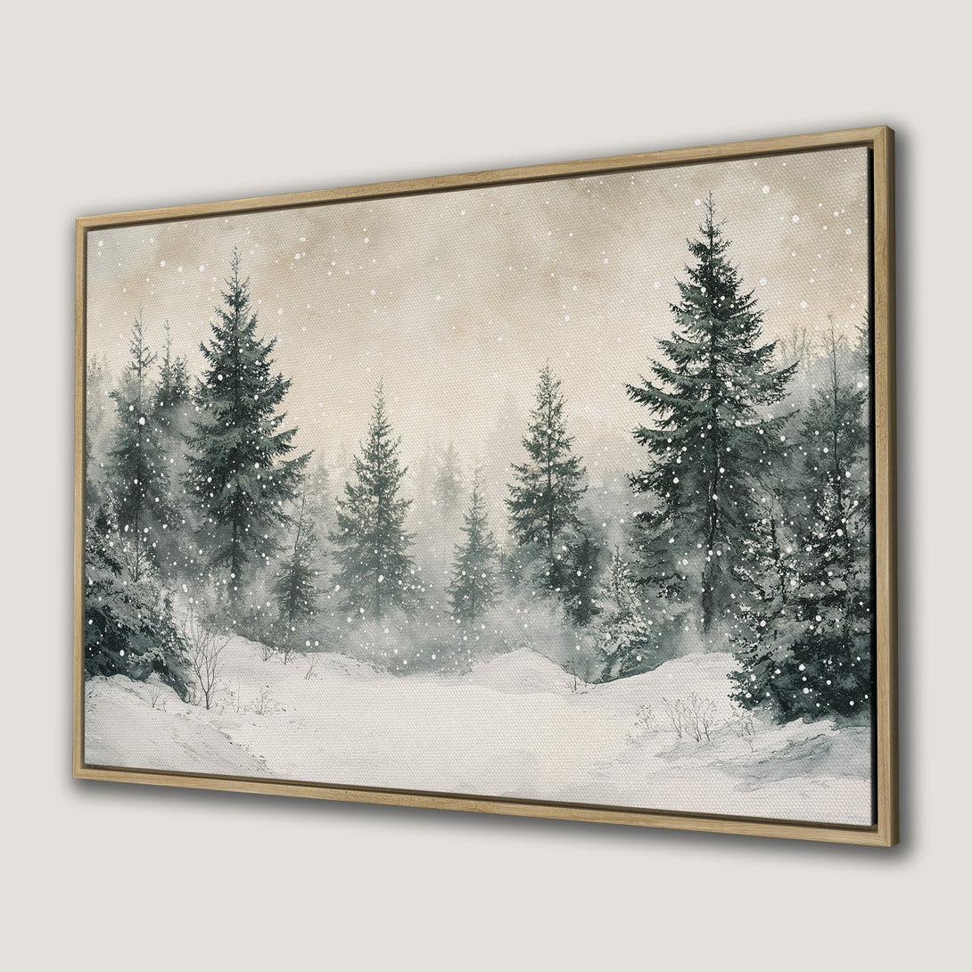 Framed Wall Art: Winter forest scene in watercolor style. Serene landscape with snow-covered trees in a muted green and beige color palette. Perfect for cozy interiors.