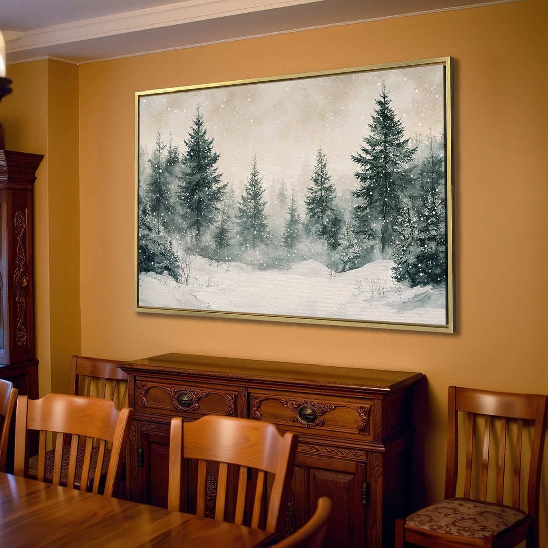 Canvas Print of a snowy forest scene in muted green and beige tones, perfect for adding a touch of nature to your living room.