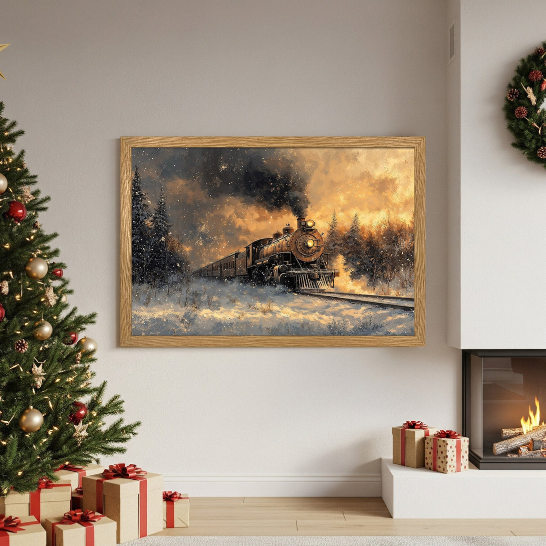 Framed Poster of a winter train scene in warm tones. Perfect holiday decor! Add cozy charm to your home with this beautiful Poster.