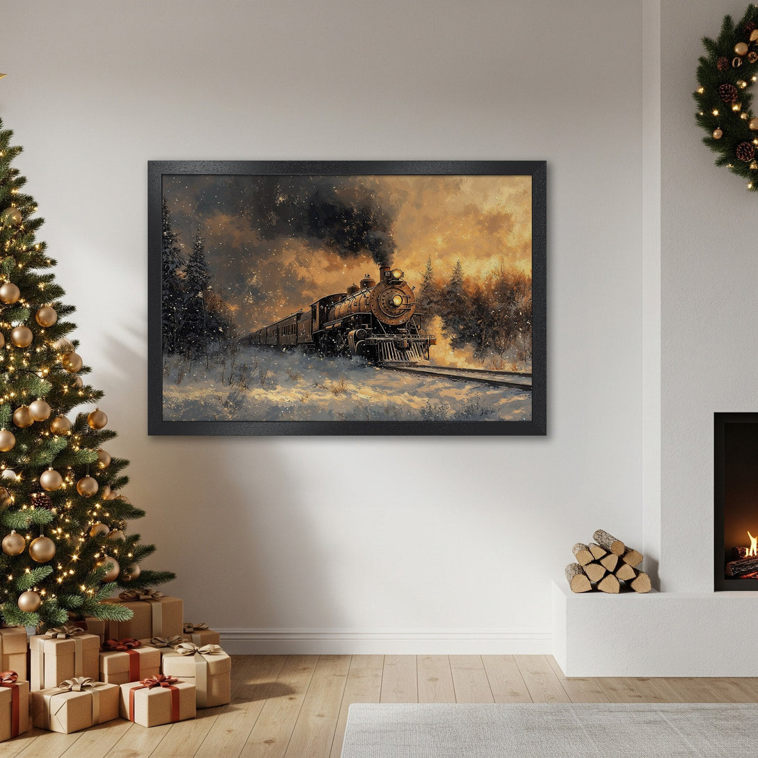 Framed Poster featuring a vintage train in a snowy landscape, warm color palette, perfect for holiday decor.