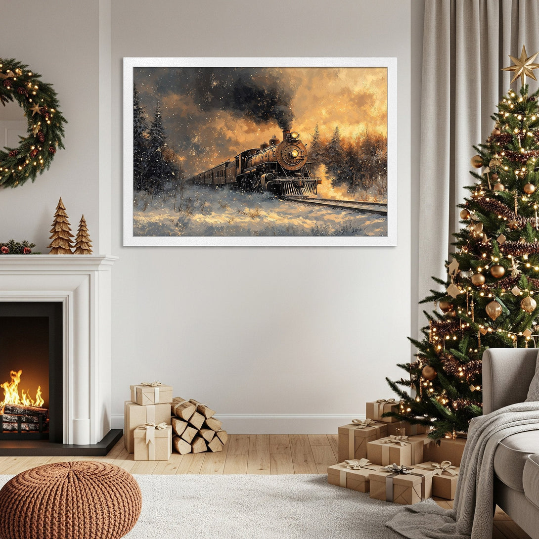 Framed Poster featuring a winter train scene. Warm, golden color palette, perfect for holiday decor. Add cozy charm to your space!