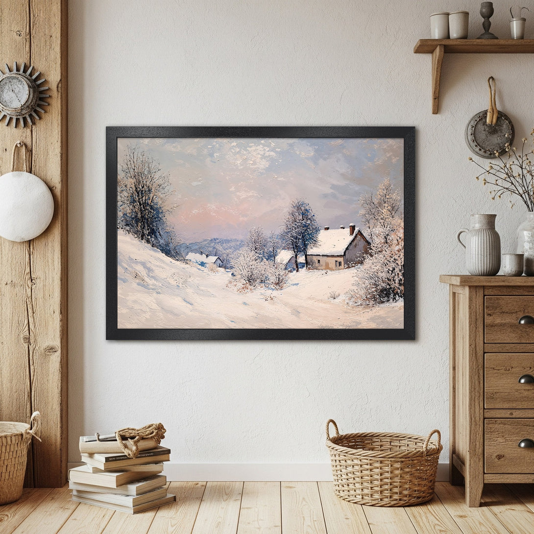 Framed Poster of a winter landscape painting. Features a rustic style with a soft, pastel color palette. Perfect wall art!