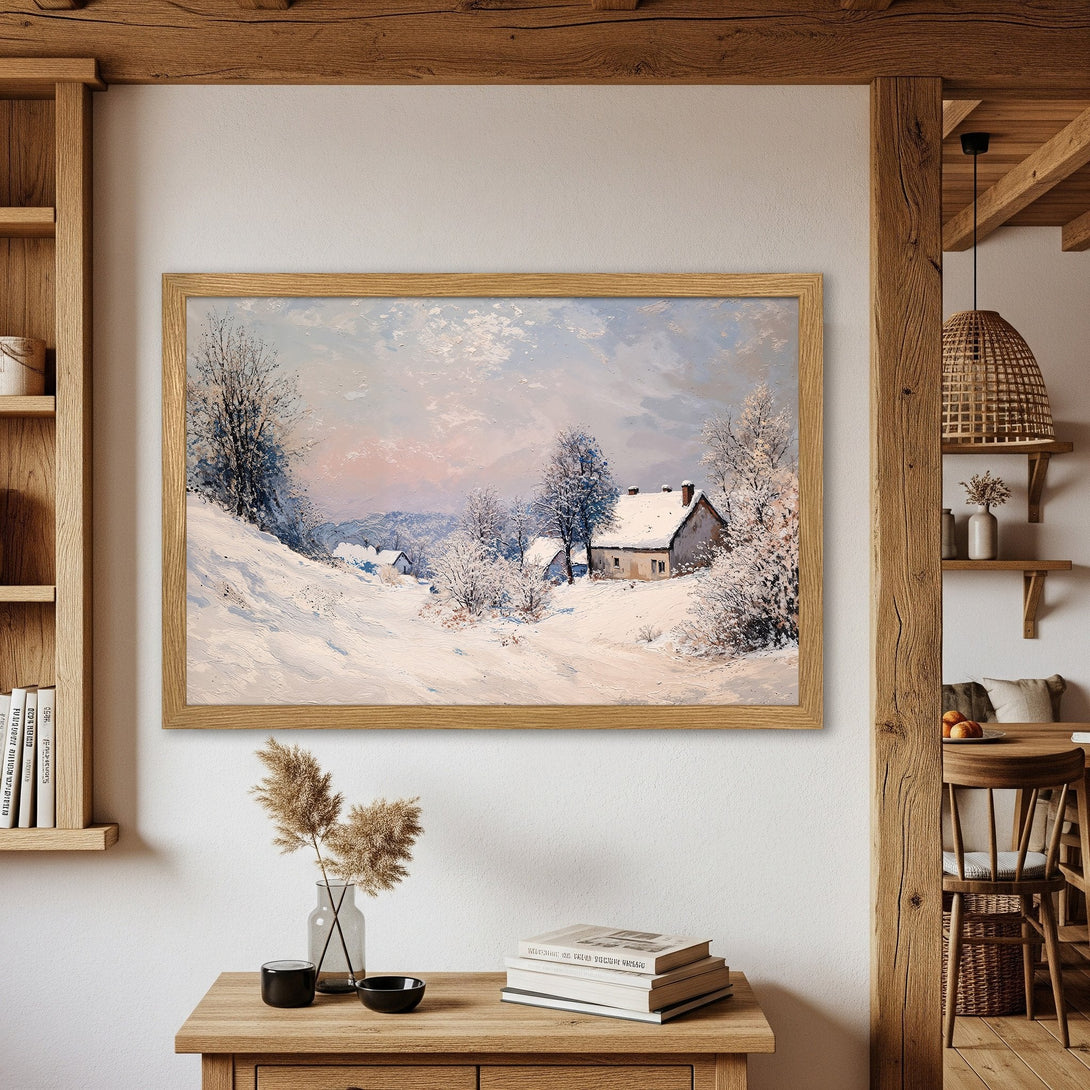 Framed Poster of a winter landscape painting. Serene, impressionistic style with a soft, pastel color palette. Bring the beauty of nature home!