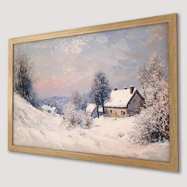 Framed Poster of a winter landscape painting. Features a serene scene with snow, trees, and a house in a soft, pastel color palette.