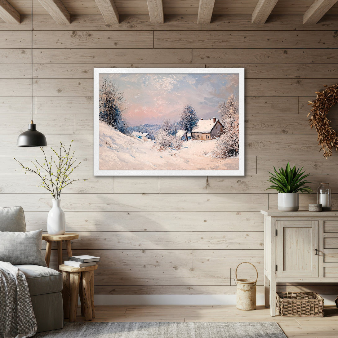 Framed Poster of a winter landscape in soft pastel colors. A beautiful art print to add warmth and style to your home.