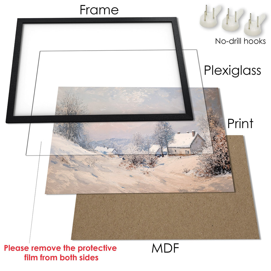 Framed Poster of a winter landscape in a soft, pastel color palette. Bring the beauty of nature into your home!