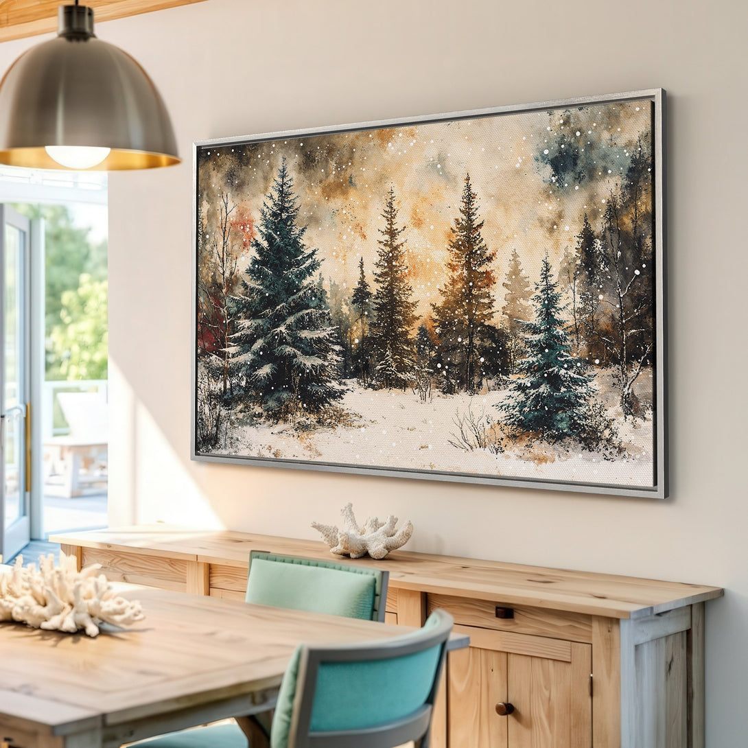 Framed Wall Art: Watercolor winter forest scene in muted greens, browns, and beige. Perfect for adding a touch of nature to your home decor.