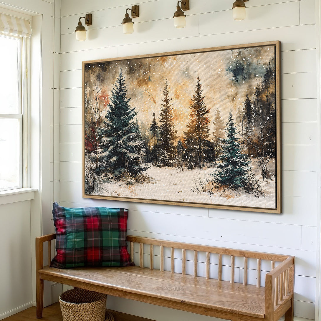 Framed Wall Art: Watercolor winter forest scene in neutral tones. Perfect for cozy home decor. Shop Canvas Prints for your living room!