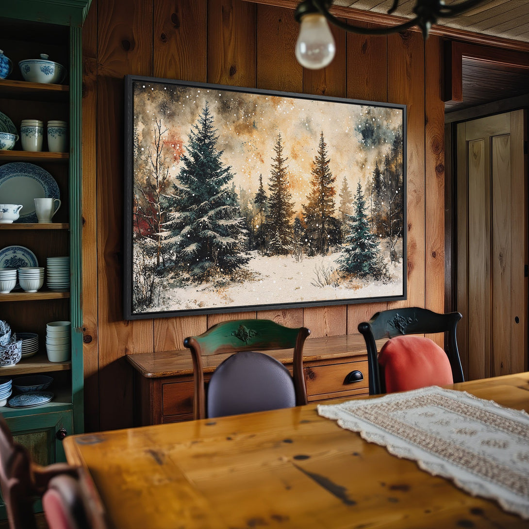 Framed Wall Art: Watercolor winter forest scene with snow. Earthy tones and a cozy, rustic style. Perfect for adding warmth to your home.