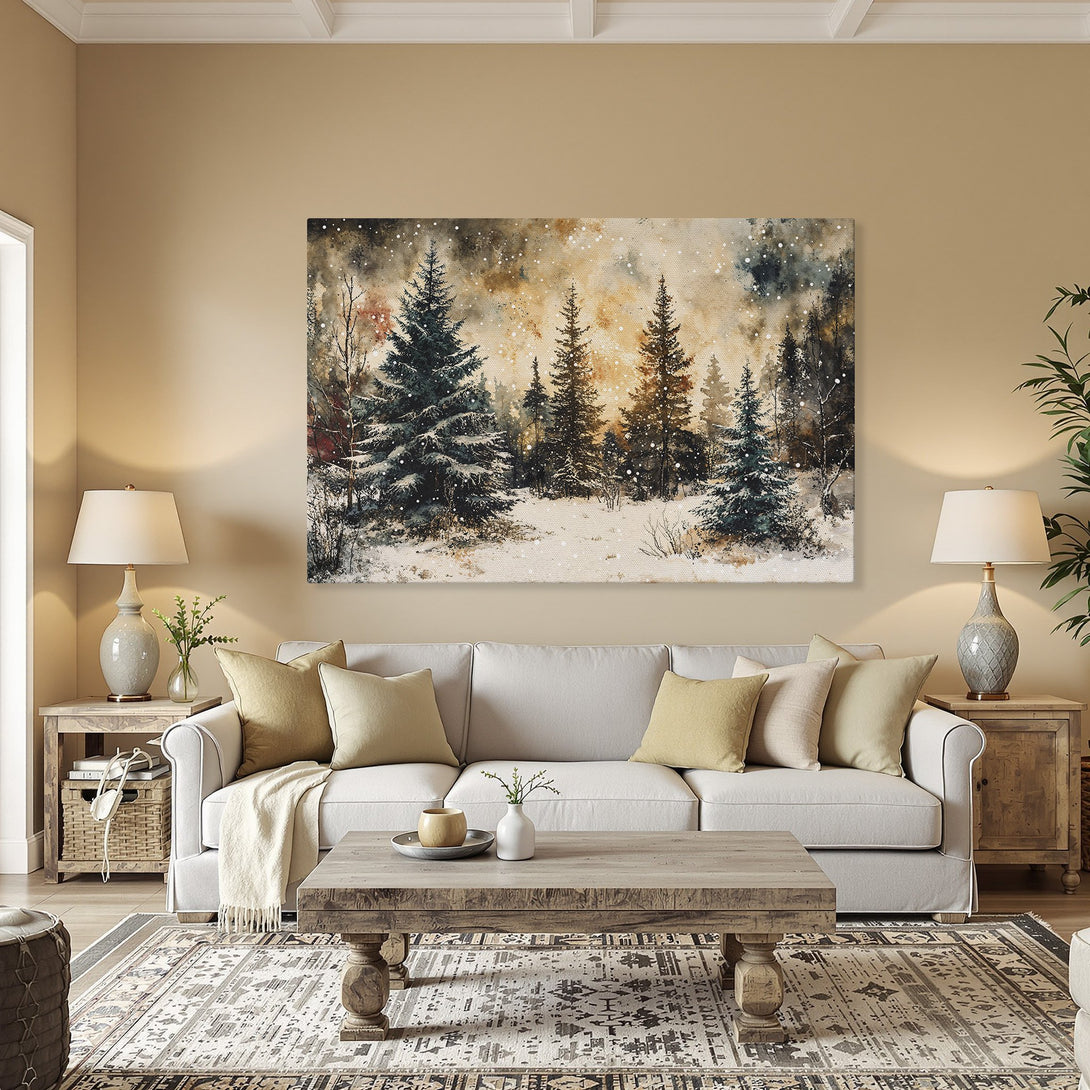 Framed Wall Art: Watercolor winter forest scene with snowy trees. Earthy tones of brown, green, and gold. Perfect for cozy interior decor.