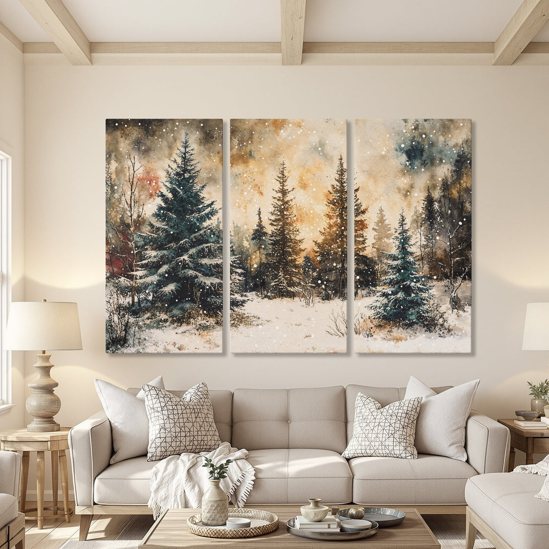 Canvas Print of a winter forest scene in watercolor style, featuring a warm, neutral color palette with pops of teal and brown. Perfect for cozy interiors.