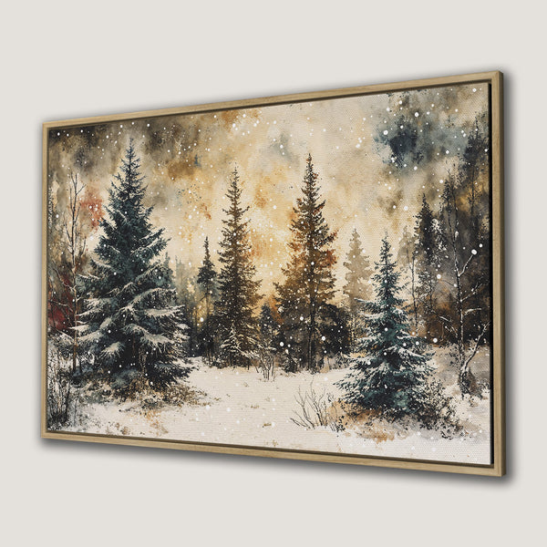 Framed Wall Art of a winter forest scene in watercolor style. Features a neutral color palette with greens, browns, and whites. Perfect for cozy decor.