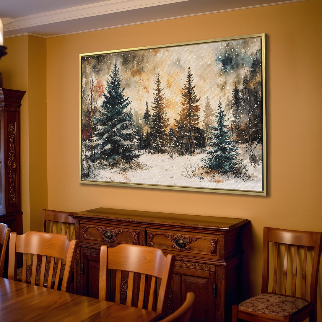 Canvas Print of a winter forest scene in watercolor style. Features a neutral color palette, perfect for cozy interior decor.