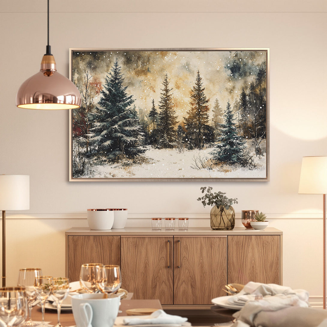 Framed Wall Art: Winter forest scene canvas print with a warm, neutral color palette. Perfect for adding a cozy, rustic touch to your home decor.