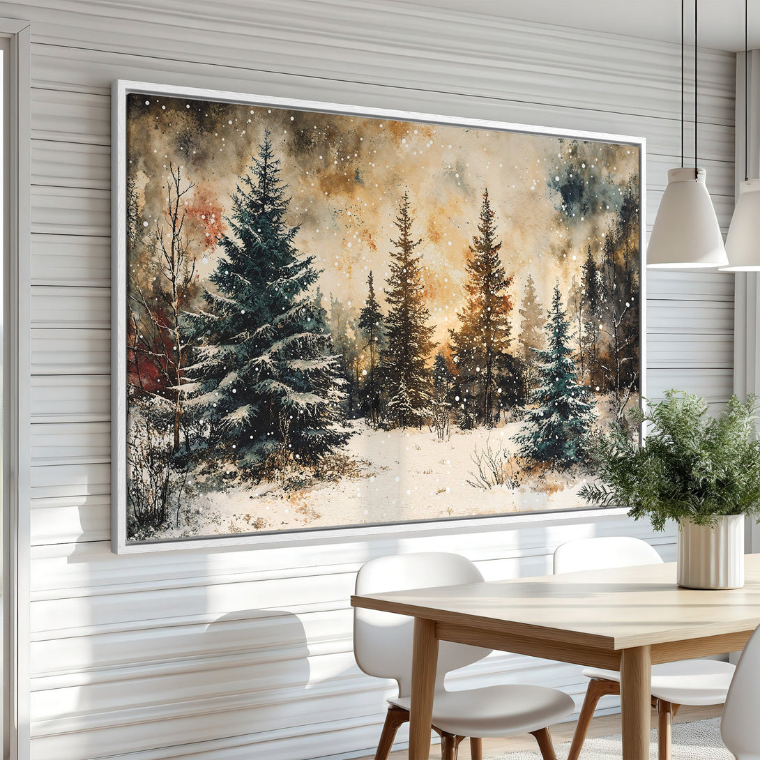 Framed Wall Art of a winter forest scene in watercolor style. Earthy tones and cool blues create a serene, cozy atmosphere. Perfect for home decor.