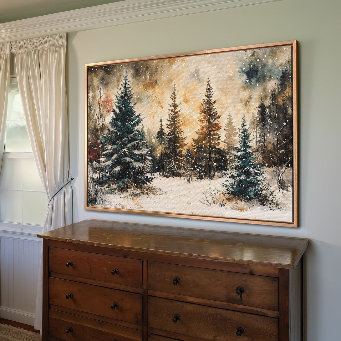 Framed Wall Art: Watercolor winter forest scene in muted greens, browns, and golds. Perfect for adding a touch of nature to your home decor.