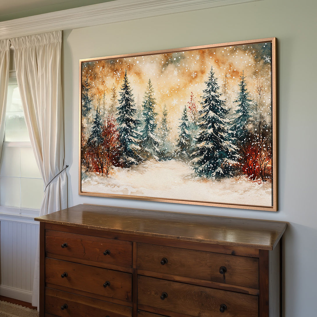 Framed Wall Art: Watercolor winter forest scene in teal, orange, and white. Add a touch of cozy charm to your home with this beautiful canvas print.