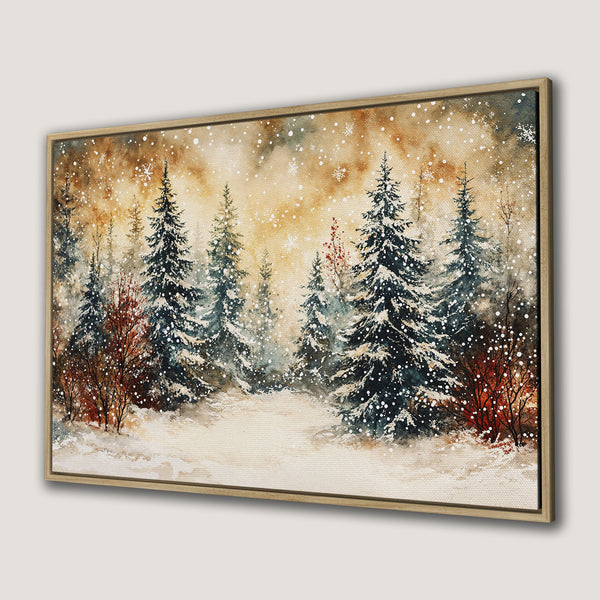 Canvas Print of a winter forest scene in watercolor style with a warm, neutral color palette. Perfect wall art for a cozy home.