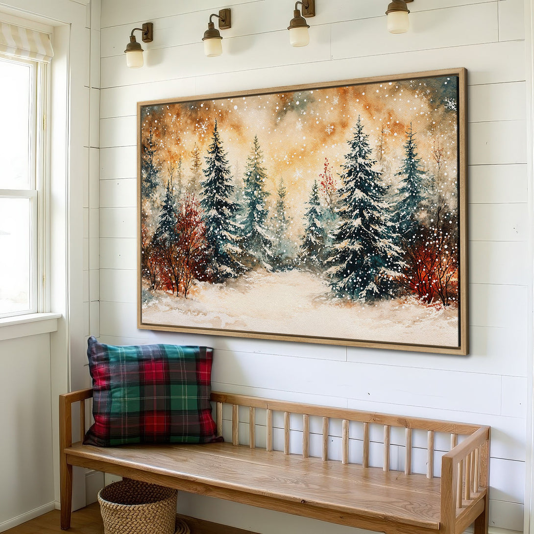 Canvas Print of a winter forest scene with a warm, watercolor style. Features a muted color palette of blues, greens, and browns. Perfect for cozy decor.