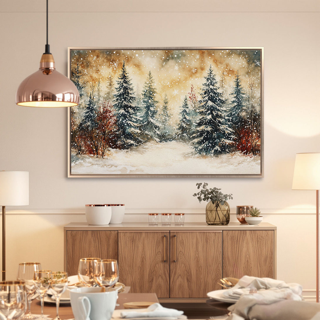 Framed Wall Art: Winter forest scene canvas print, watercolor style with snowy trees, warm neutrals and cool blues, perfect for cozy decor.