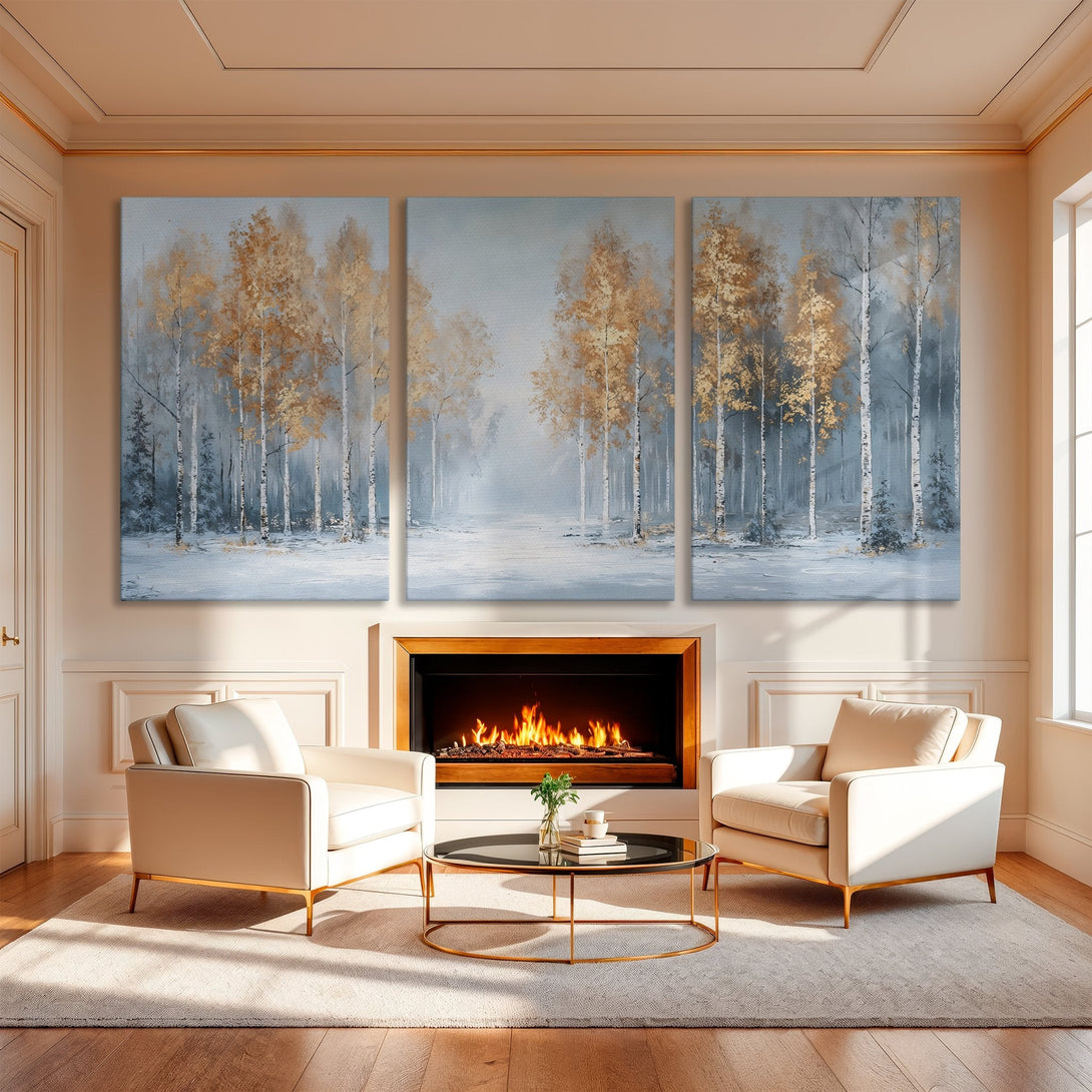 Canvas Print: Serene forest scene in muted blues, golds, and whites. Elegant wall art for a cozy, sophisticated interior.