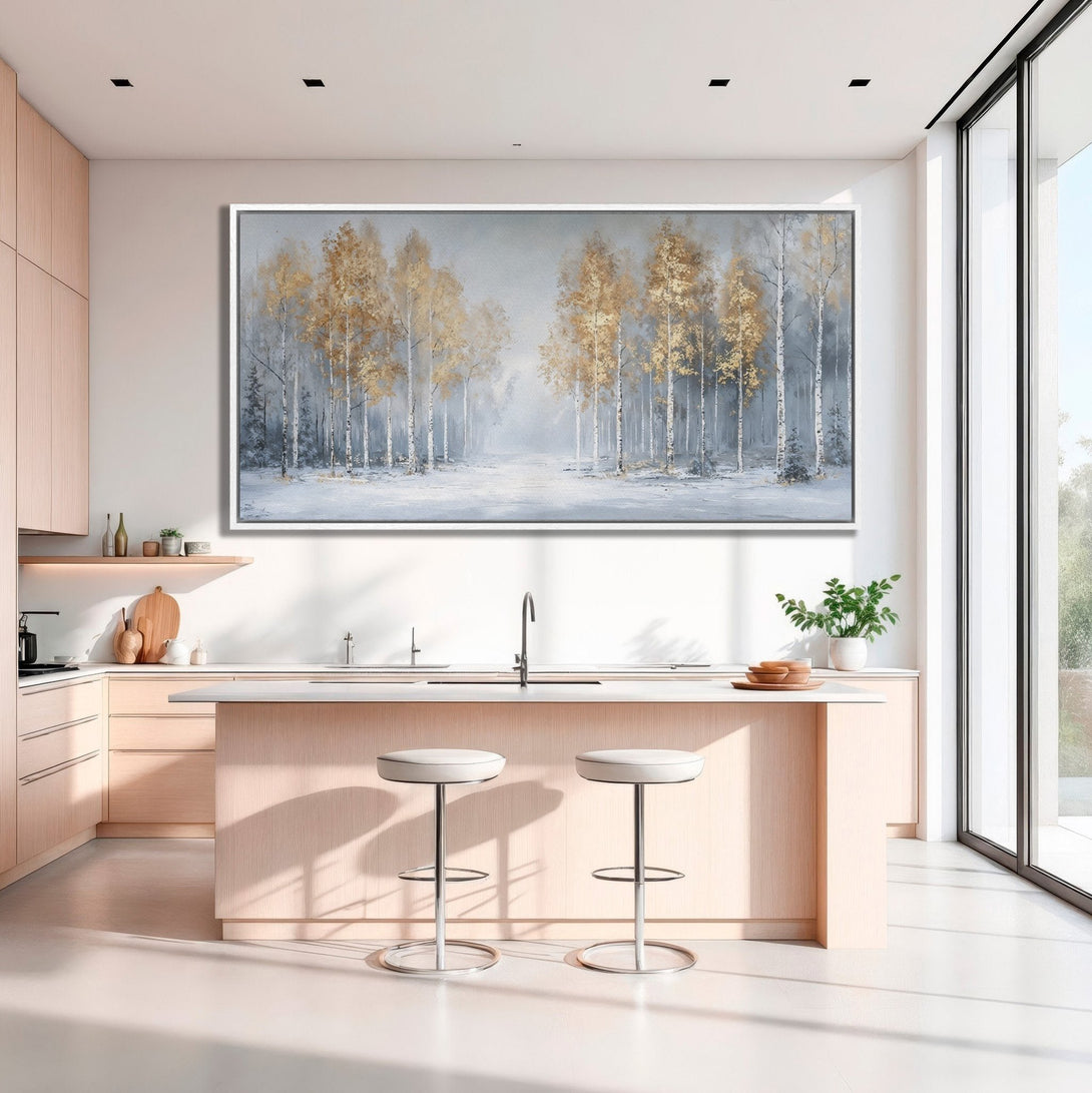 Framed Wall Art: Stunning forest landscape in gold and gray tones. Perfect for adding a touch of nature and sophistication to your kitchen decor.