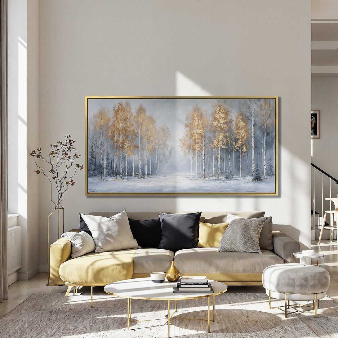 Canvas Print of a winter forest with golden trees. Modern art in a neutral and warm color palette, perfect for home decor.