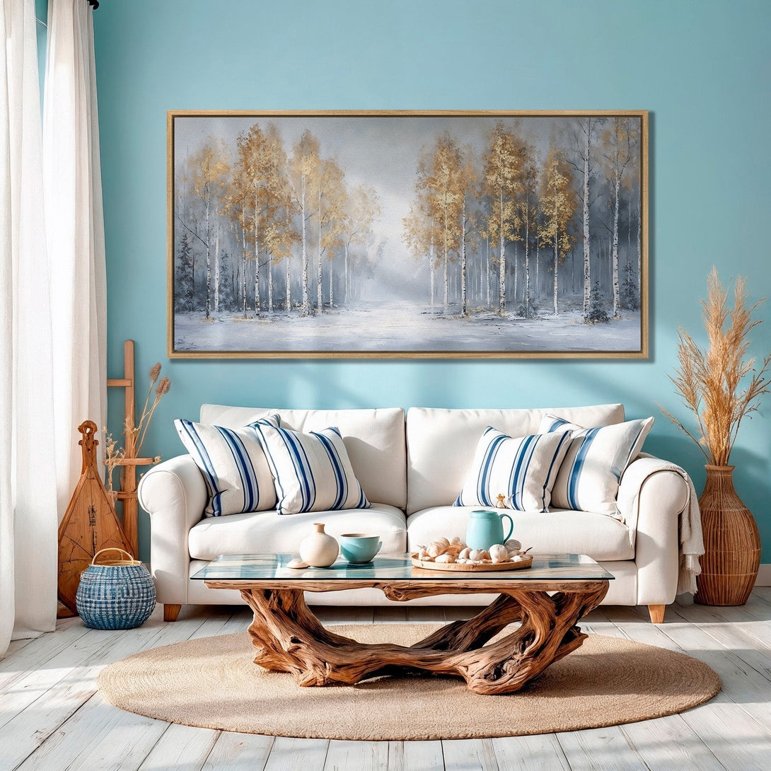 Framed Wall Art: Serene forest scene in gold, gray, and white. Enhance your space with this calming landscape canvas print.