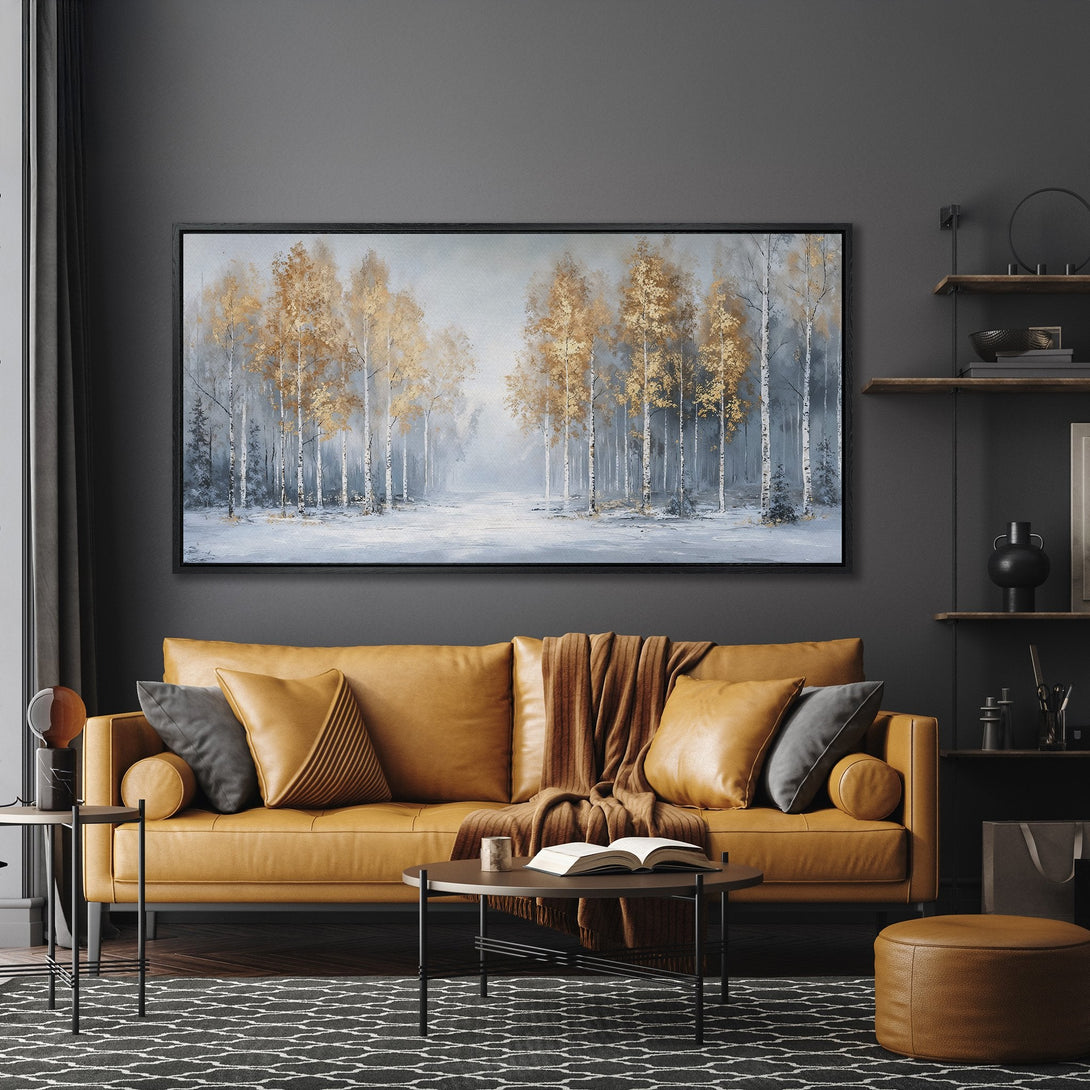 Framed Wall Art: Golden birch forest painting in a modern living room with a warm color palette. Bring nature's beauty indoors with this stunning canvas print!