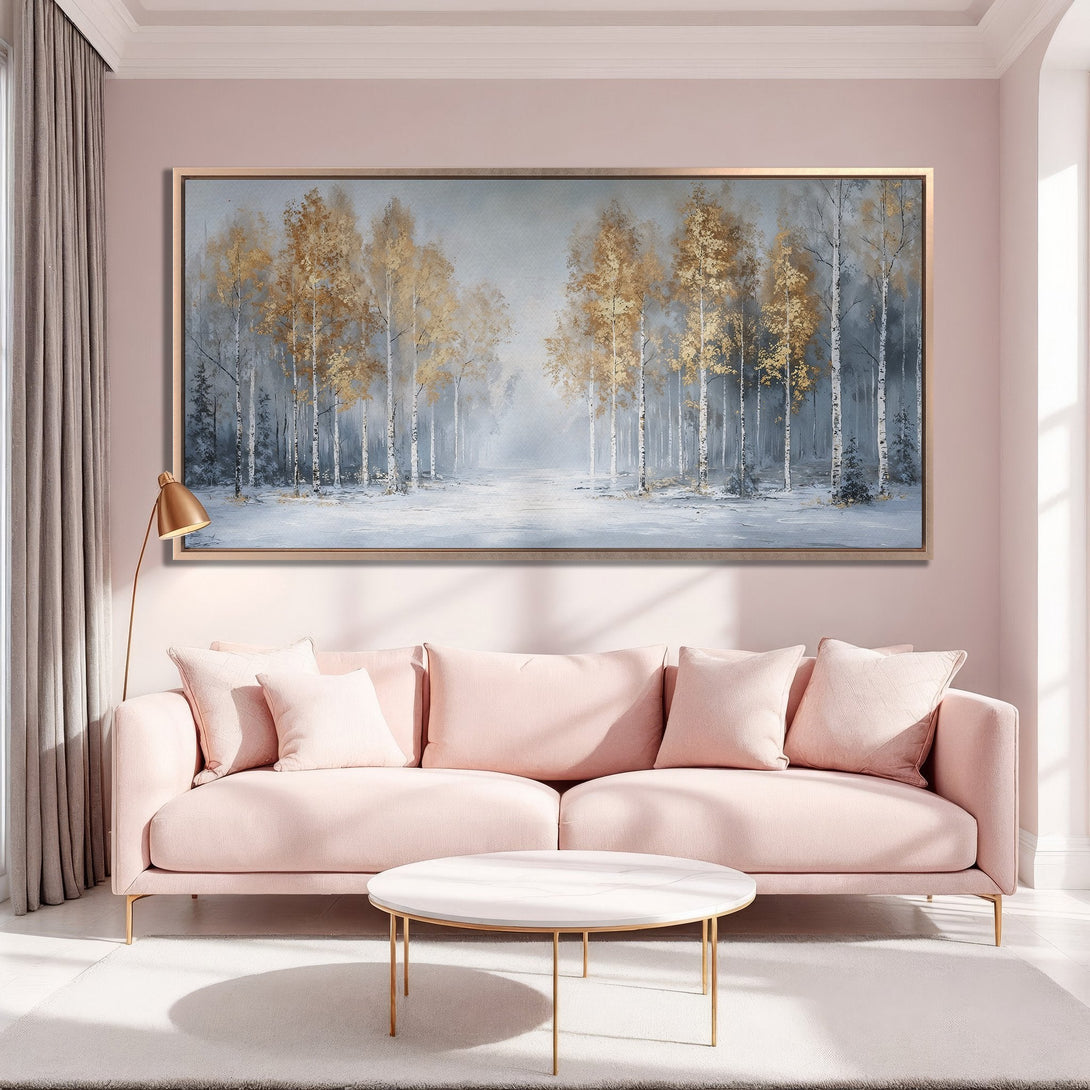 Framed Wall Art: Winter forest scene in muted gold, gray, and white tones. Perfect for adding a touch of elegance to your living room.