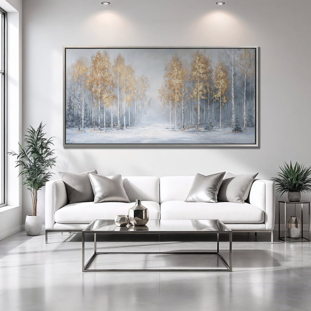 Framed Wall Art: Stunning forest scene in gold and gray tones. Elevate your space with this elegant canvas print!
