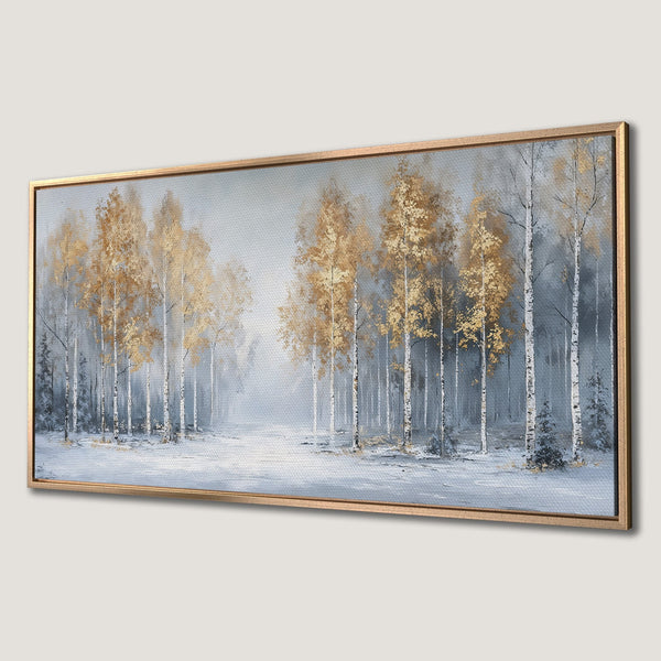 Framed Wall Art: Serene forest landscape painting with gold and white birch trees, cool blue and gold color palette. Perfect wall decor.