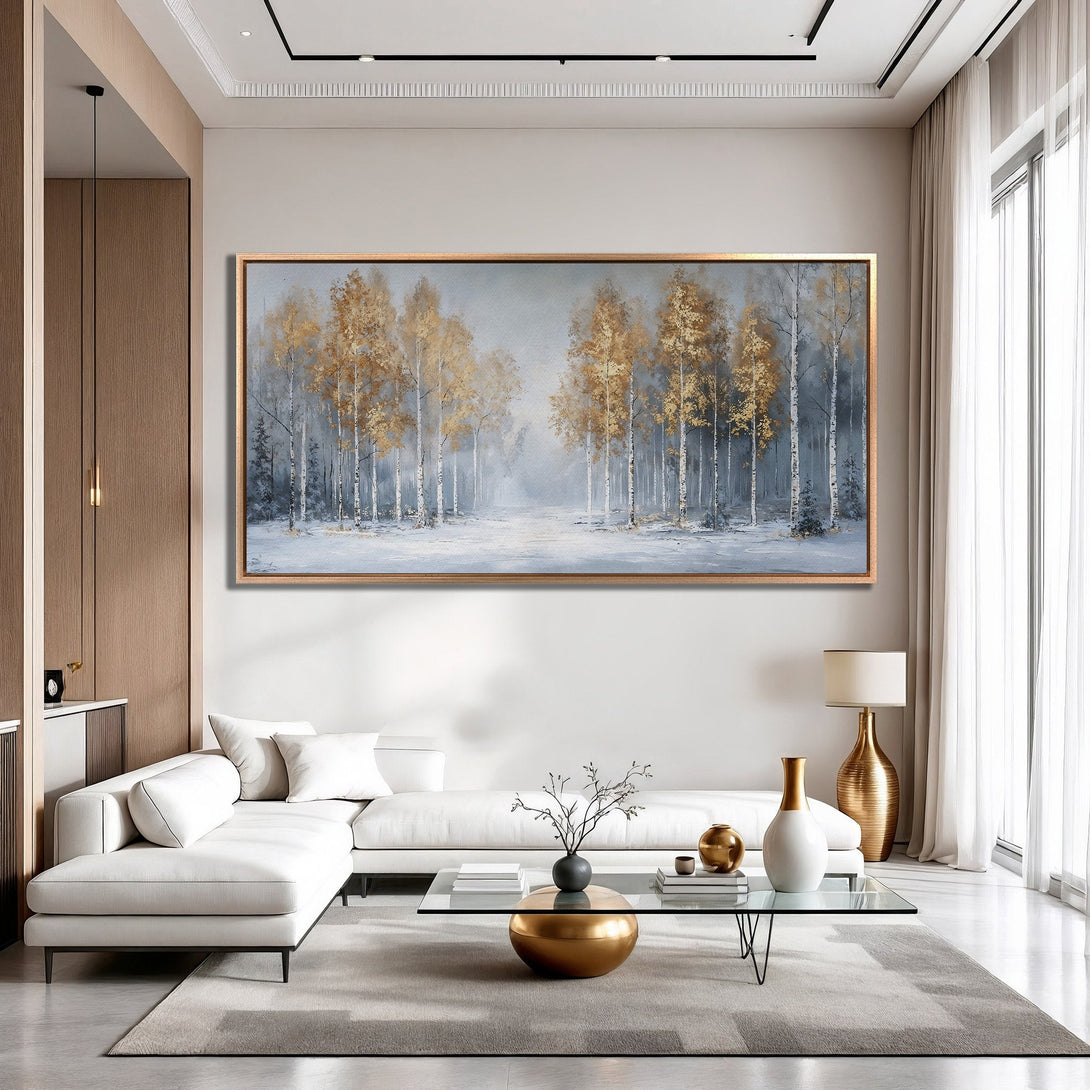 Framed Wall Art: Elegant forest scene Canvas Print with gold and gray tones. Perfect for modern living rooms, adding a touch of nature and sophistication.