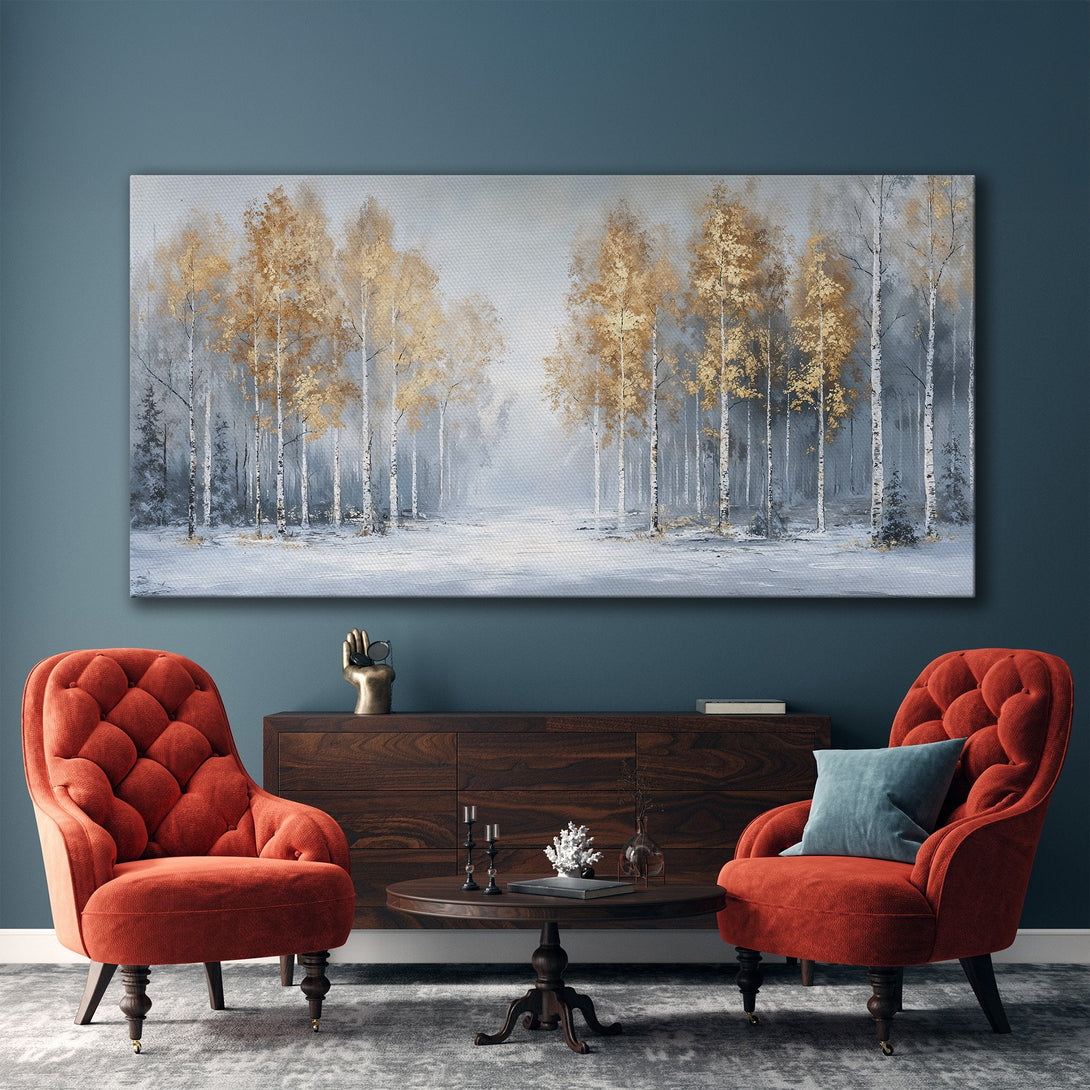 Framed Wall Art: Serene forest landscape in gold, gray, and white. Modern art for living room. Elevate your space with this stunning canvas print.