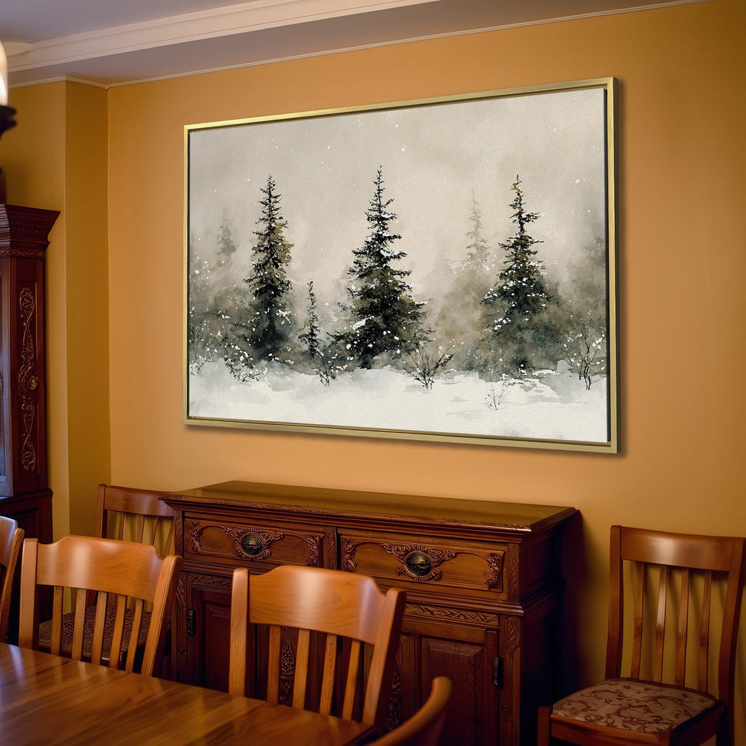 Canvas Print of a winter forest scene in neutral tones. Bring nature's beauty indoors with this serene, watercolor-style artwork.