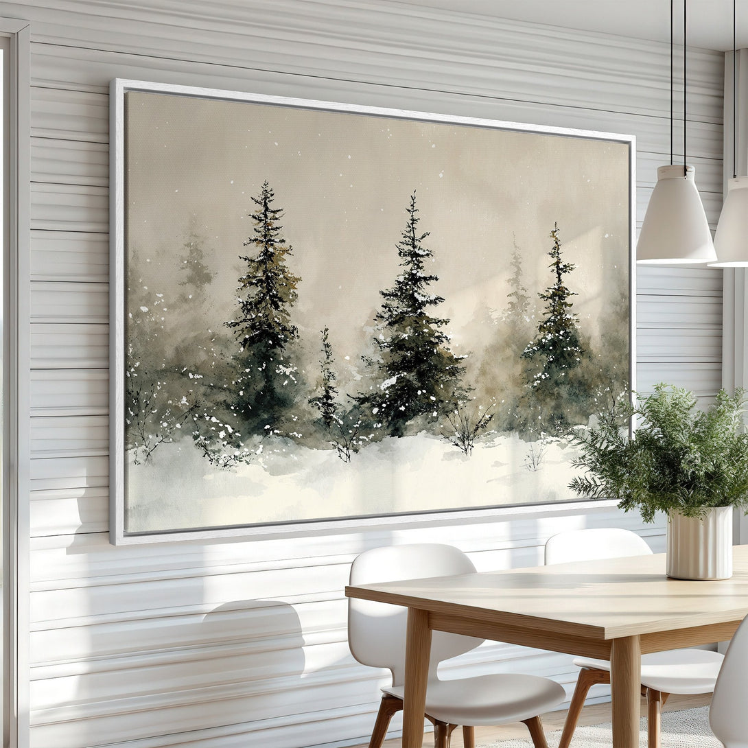 Framed Wall Art: Watercolor winter forest scene in neutral tones. Modern canvas print adds a touch of nature and tranquility to any space.