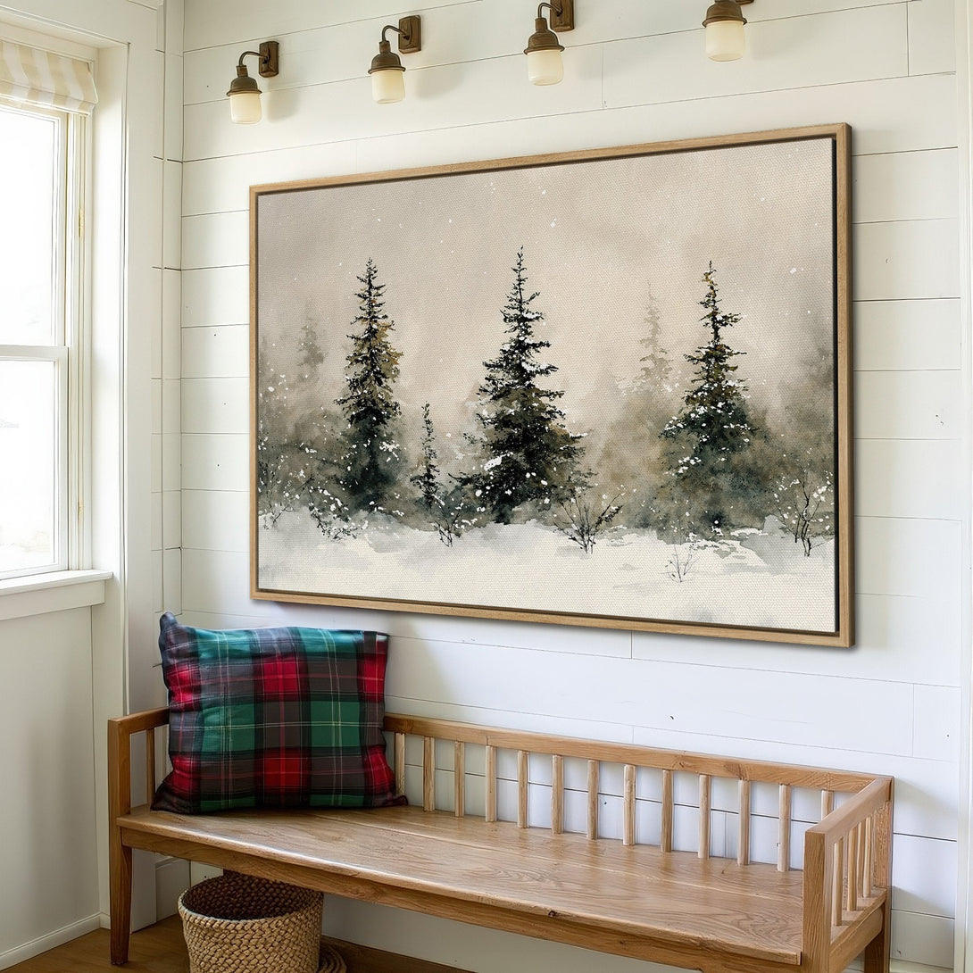Framed Wall Art: Watercolor winter forest scene in neutral tones. Bring the serene beauty of nature indoors with this elegant canvas print.