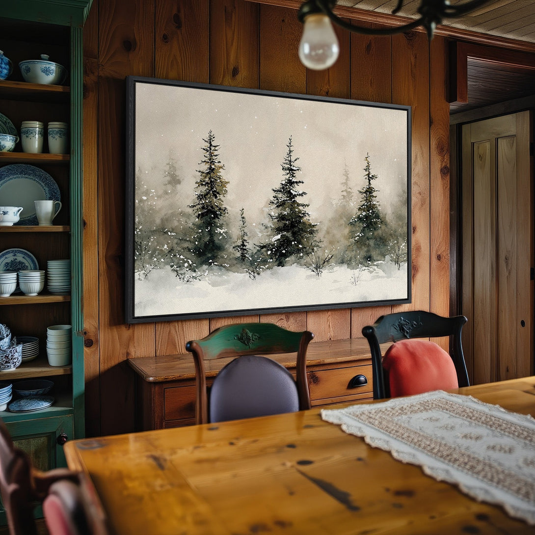 Framed Wall Art: Watercolor winter forest scene in neutral tones. Rustic style Canvas Print adds cozy charm to any interior.