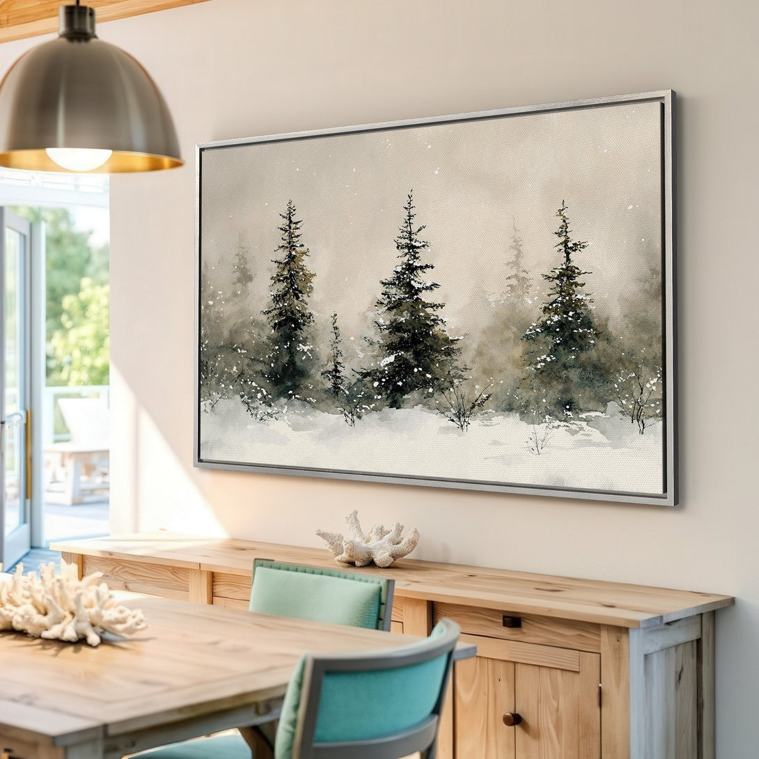 Framed Wall Art: Watercolor winter forest scene in muted greens and browns. Perfect for adding a touch of nature to your home decor. Shop now!