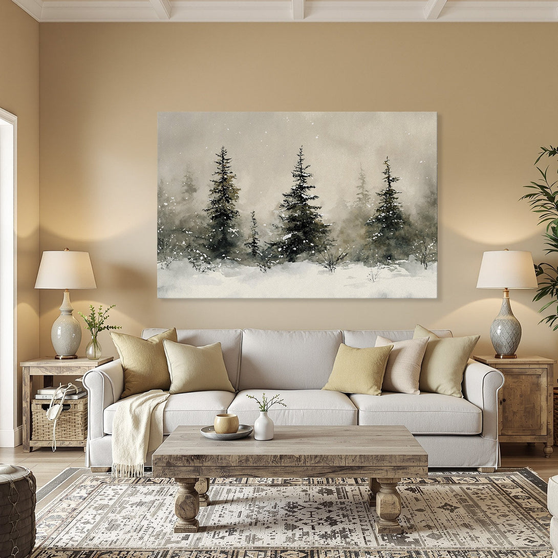 Framed Wall Art: Watercolor winter forest scene in cool green and gray tones. Perfect for adding a touch of nature to your dining room.