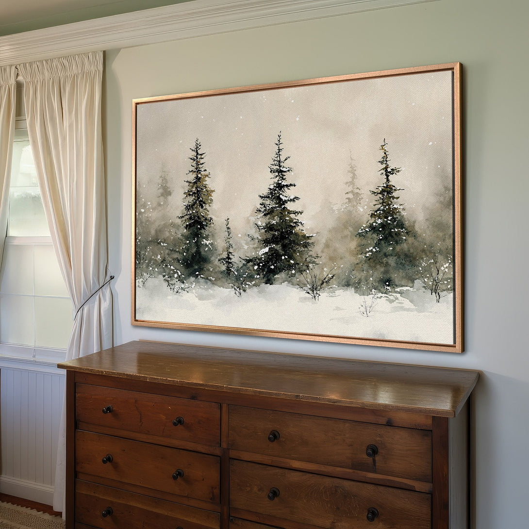 Framed Wall Art: Serene watercolor landscape of winter trees in neutral tones. Perfect for adding a touch of nature to your decor.