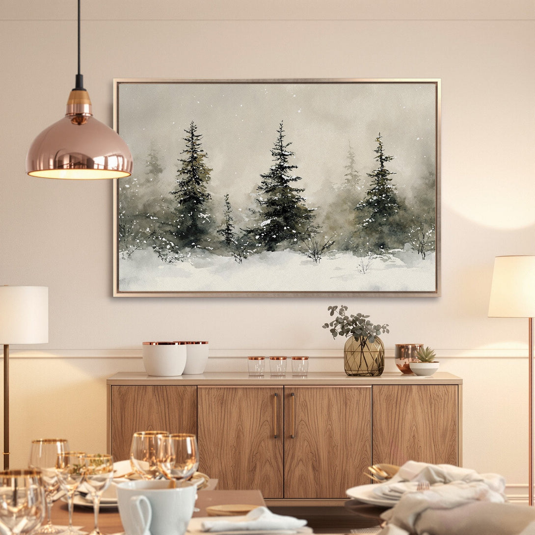 Framed Wall Art: Watercolor winter forest scene in neutral tones. Bring the serene beauty of nature into your home with this stunning Canvas Print.