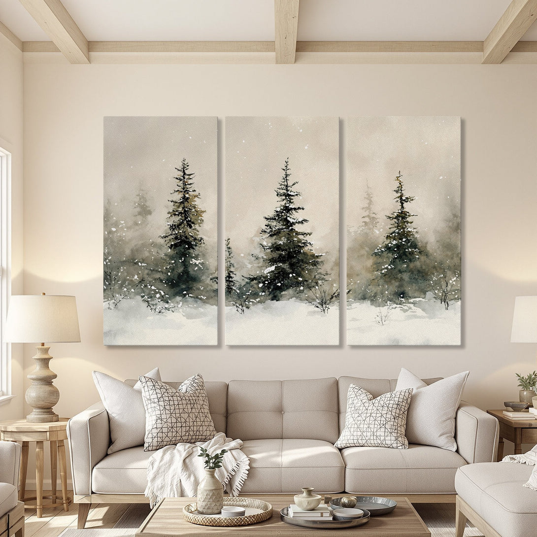 Canvas Print triptych of winter forest scene in neutral tones. Watercolor style art with snow-covered trees, perfect for a cozy living room.