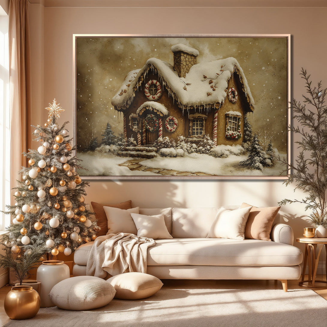 Framed Wall Art of a cozy, snowy Christmas cottage in warm, neutral tones. Perfect for adding holiday charm to your home decor.