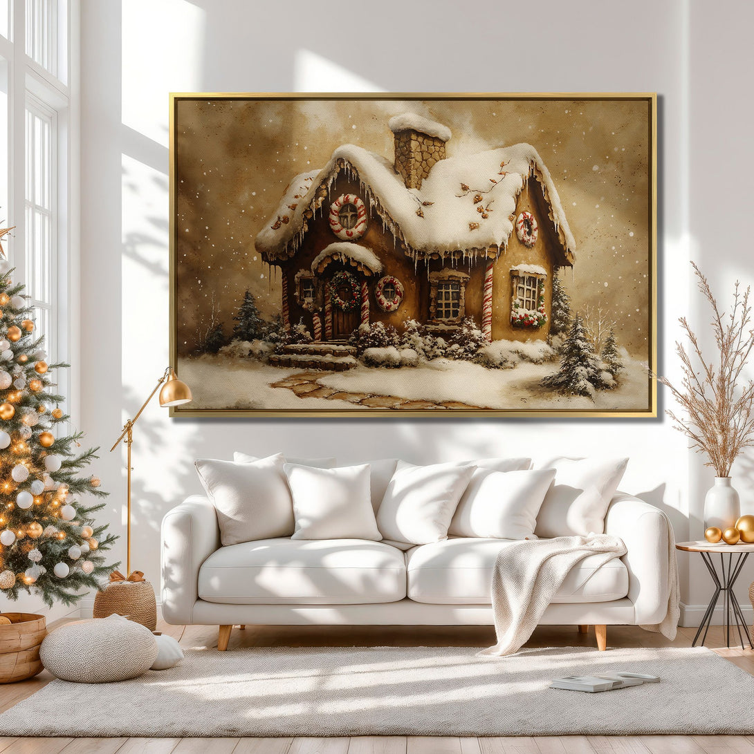 Canvas Print of a cozy winter gingerbread house in warm, neutral tones. Perfect holiday wall art to add a touch of festive charm.
